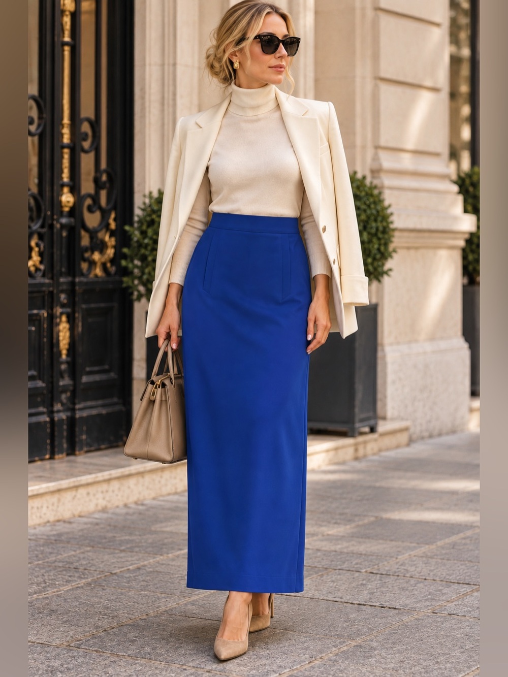 High-Waist Cobalt Blue Maxi Pencil Skirt - Women's